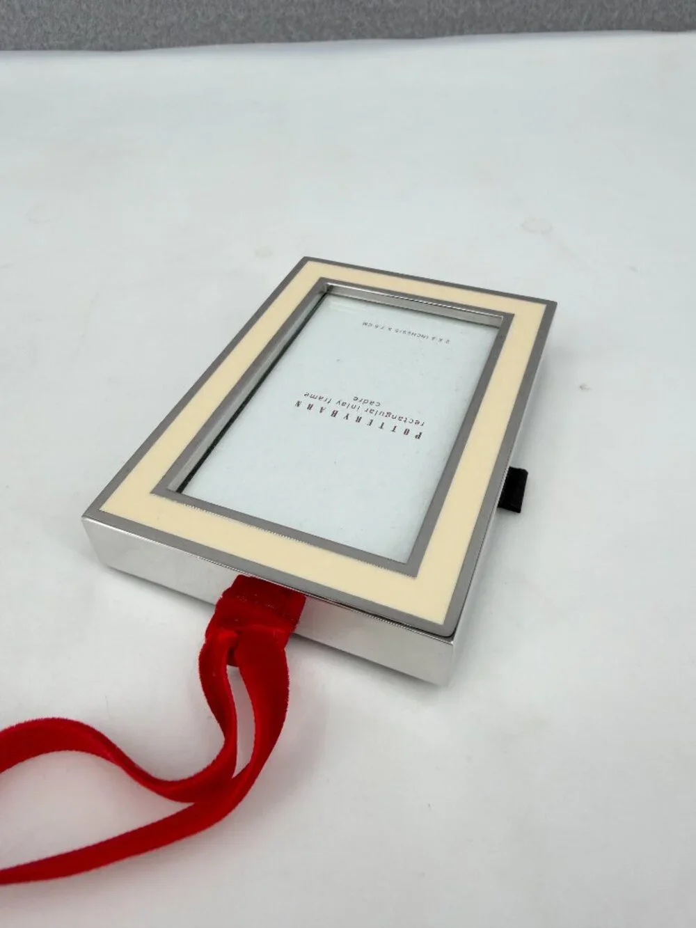 Pottery Barn Rectangular Inlay Mini Frame Silver Plated Red Ribbon 2x3